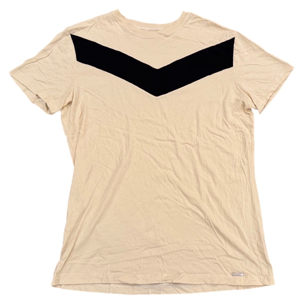 Diesel Mens Beige Black Chevron Graphic T-Shirt Size Large Metal Logo Tee